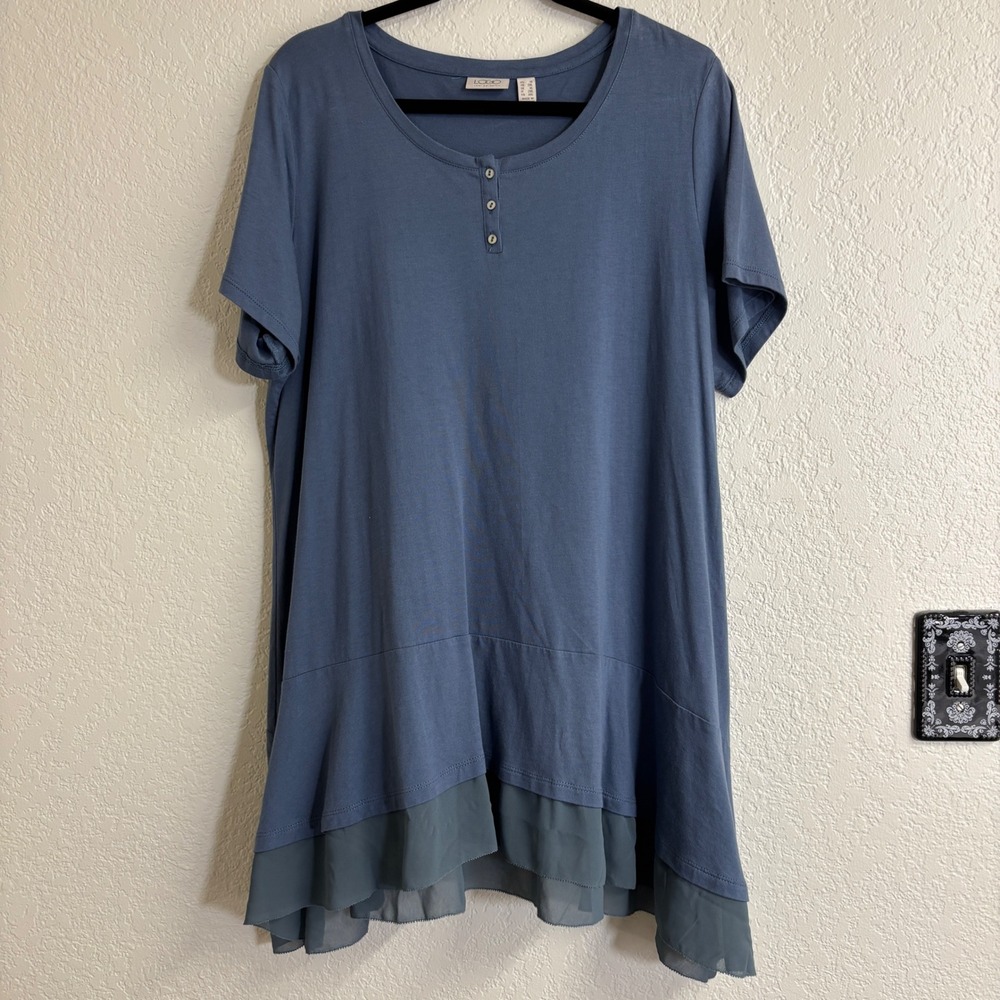 LOGO Lori Goldstein 1X Blue Layered Hem Tunic Top Cotton Modal Short Sleeve